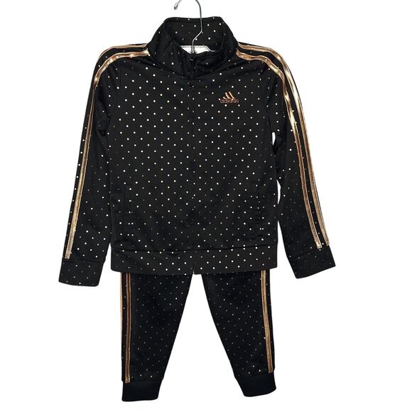 Adidas Kids Polka Dot Tracksuit Girls 6 Black Rose Gold Sweatsuit Outfit Holiday - Picture 1 of 13